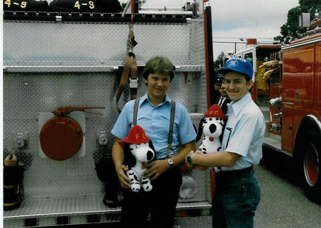 Sam A. Stoltzfus and Tim Gossert behind Tanker 4-9 at the 6/88 County parade in Ephrata.